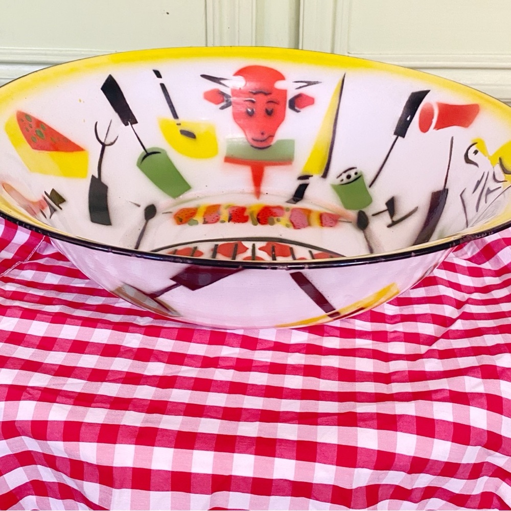 1950s Enamel Painted BBQ Theme Large Bowl Green, Yellow And Red